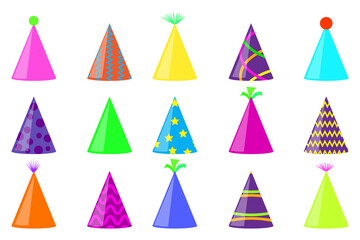 Party hats for celebration decoration design. Xmas decoration. Happy new year. Kids mask set. Stock image. EPS 10.