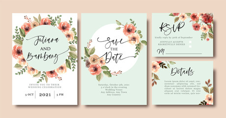 Wedding Invitation Card Design with Terracotta Flower and Warm Leaf with Green Background - 401461085
