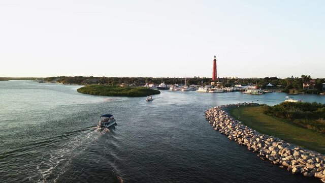Aerial shot of Ponce Inlet at susnset