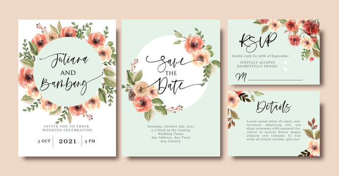 Wedding Invitation Card Design with Terracotta Flower and Warm Leaf with Green Background