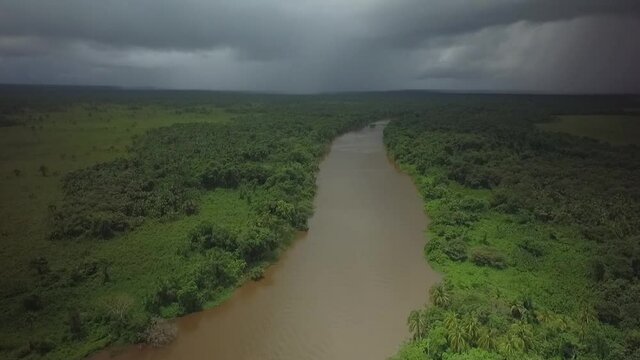 Aerial view of the orinoco river delta with stormy skies