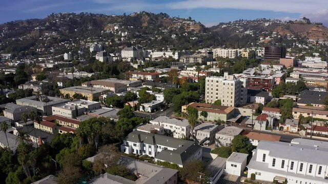 Low aerial panning shot of West Hollywood. HD at 60 FPS.