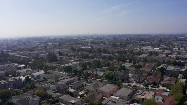Wide aerial shot of a Los Angeles neighborhood. HD at 60 FPS.