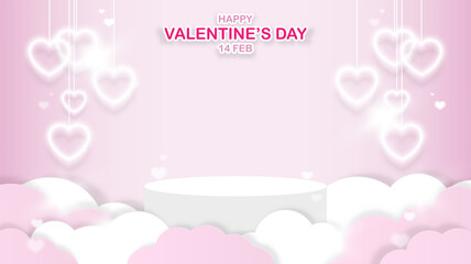 Happy Valentine's day banner. White stage podium for your product, decor with clouds and heart shape hanging lights isolated on pink background. Symbol of love. Space for graphic. Vector illustration.