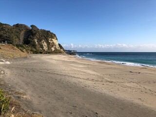 Hebara Beach in Katsuura, Chiba, Japan during the winter months, the Pacific Ocean is very blue with a nice clean white sand beach. There are no people on this stunning coastline due to Covid in 2020