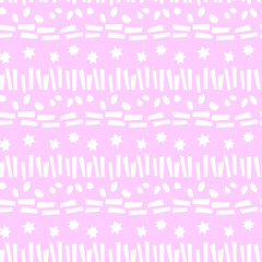 Seamless pattern of simple vector bright elements stars points rounds stripes lines and rectangles. Abstract background and texture for greeting cards, wrapping paper, birthday, fabric