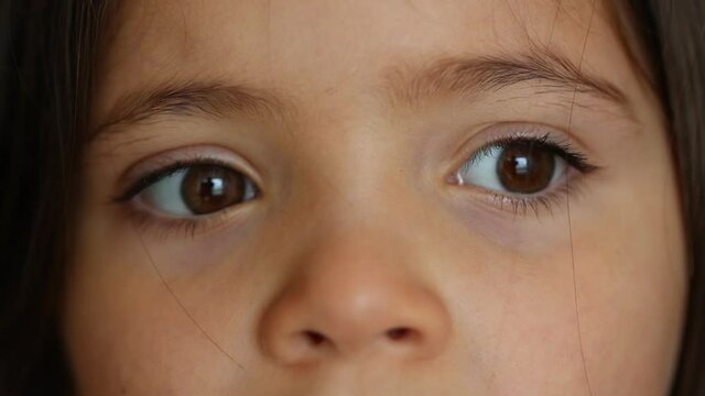 Sad little girl eyes emotion. Pensive thoughtful macro close-up kid eye