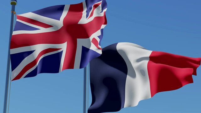 The flag of Great Britain and the flask of France flutter against a blue sky. Cooperation between the two countries in the field of business and politics.