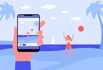 Male hand taking photo of happy lady on beach. Smartphone, sea, girlfriend flat vector illustration. Vacation and relationship concept for banner, website design or landing web page