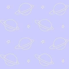 Baby space seamless pattern. Cartoon outline planet saturn and stars. Vector cosmic background and texture. For kids design, fabric, wrapping, wallpaper, textile, apparel, coloring book