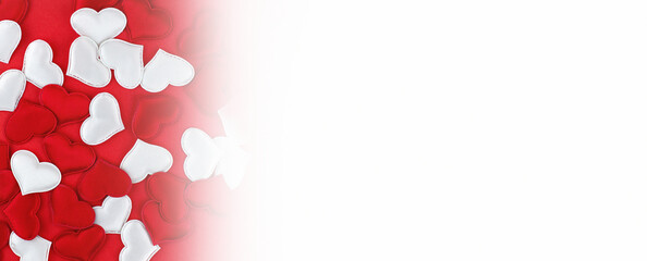 Red and white hearts mixed on red background. Banner with copy space in white