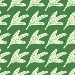 Season spring seamless cartoon leaf ornament pattern. Light foliage on green background.
