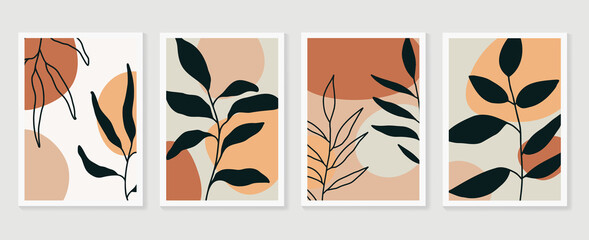Fototapeta na wymiar Botanical wall art vector set. Earth tone boho foliage line art drawing with abstract shape. Abstract Plant Art design for wall framed prints, canvas prints, poster, home decor, cover, wallpaper.