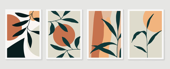 Botanical wall art vector set. Earth tone boho foliage line art drawing with  abstract shape.  Abstract Plant Art design for wall framed prints, canvas prints, poster, home decor, cover, wallpaper. © TWINS DESIGN STUDIO