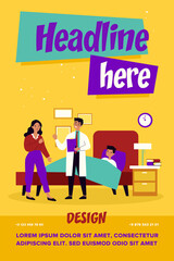 Attending medical doctor talking with worried mother. Child, bed, flu flat vector illustration. Medical care and treatment concept for banner, website design or landing web page