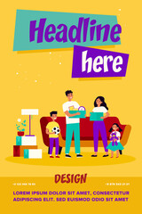 Happy family moving to new home or apartment flat vector illustration. Cartoon young mother, father and children holding boxes with stuff. Interior design and buying new house concept