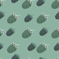 Decorative autumn seamless pattern with acorns elements. Green pastel palette artwork.