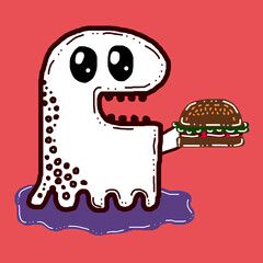 Cartoon monster carrying hamburger doodle fun art illustration pattern background
