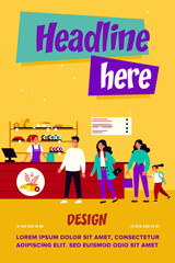 Line of customers in bread shop. People buying freshly baked loaves in bakery store. Vector illustration for food, eating, business concept