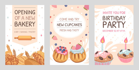 Invitation cards set with pastry. Loaves of bread, muffins, birthday cupcakes vector illustrations with text, time, date. Holiday and dessert concept for announcement posters and party flyers design
