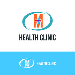 Initial letter M with medical cross icon and loop care symbol for healthy hospital medicine logo design concept vector