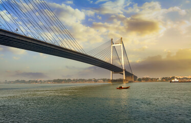 Suspension bridge known as Vidyasagar Setu on river Ganges at Kolkata, India