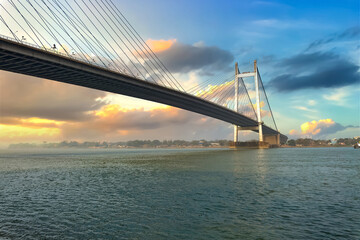 Vidyasagar Setu cable stayed bridge on river Ganges at sunset at Kolkata, India	