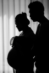 Forever love concept, Silhouette of Women pregnant and young couple. They are Prepare to be a new...