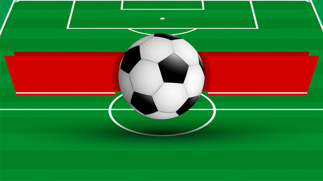 template for tournament with soccer ball on background of sports football field with ribbons for announcement of names of teams. Vector