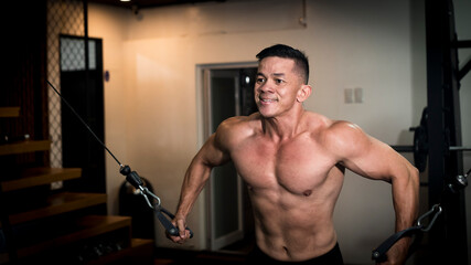 A handsome asian man working out at the gym, doing a set of cable crossovers. chest or upper torso...