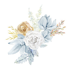 Watercolor blue floral bouquet. White rose, white flowers, pampas grass, branch, foliage, wild flowers. Wedding botanical illustration for greting card, wedding card, baby shower card, bridal shower - 401467213
