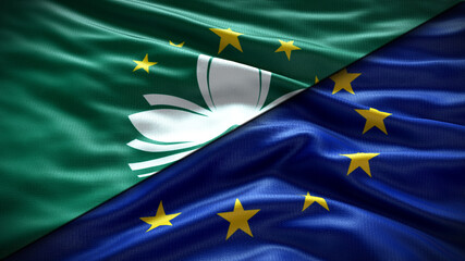 Double Flag  European Union vs Macau flag waving flag with texture Close-up background © Flag Store