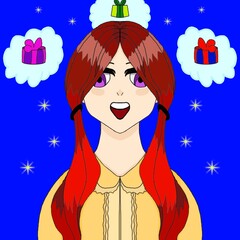 The girl with the red hair is dreaming about the gifts
