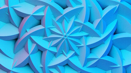 Scientific or technology abstractions with grid surface and surreal symmetric structure or ornament. Abstract background with blue fluorescent and vibrant tech structure. 3D illustration