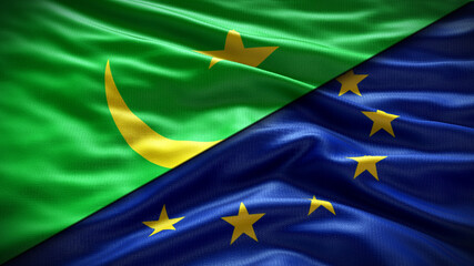 Double Flag  European Union vs Mauritania flag waving flag with texture Close-up background