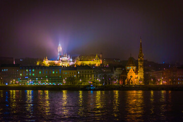 A view from ship on Budapest embankment at night.