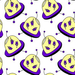 Seamless childish pattern with Flying Saucers, UFO, cute aliens. Vector background and texture for fabric, wrapping, wallpaper, textile, apparel, cover
