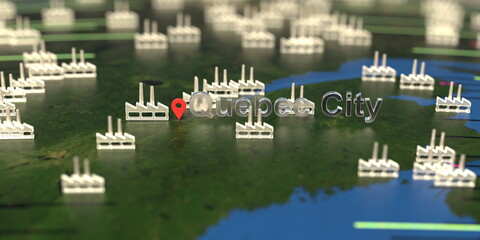 Fototapeta na wymiar Factory icons near Quebec city on the map, industrial production related 3D rendering