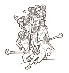 Group of Hurling sport players action. Irish Hurley sport cartoon graphic vector.	