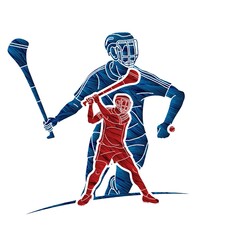 Group of Hurling sport players action. Irish Hurley sport cartoon graphic vector.	