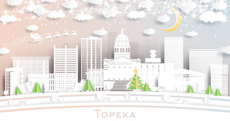 Topeka Kansas USA City Skyline in Paper Cut Style with Snowflakes, Moon and Neon Garland.