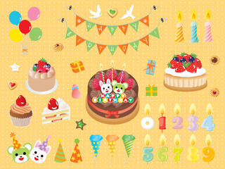 お誕生日のフラッグやケーキやキャンドルのセット