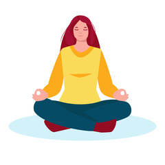 Meditating woman. Vector illustration in flat cartoon style. Isolated on a white background.