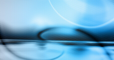 Fototapeta premium Blue perforated background with hexs. Abstract Technology backdrop geometric textured hexagons, modern cover design. Ad banner minimal composition with hex shapes. Vector illustration.