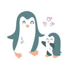 Fototapeta premium Penguin mom and baby. Vector children's illustration. Isolated on white. For printing, nursery decor.