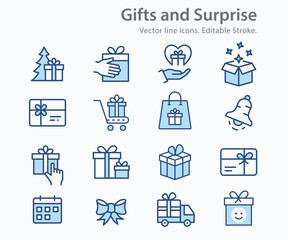 Gift box icon set. Collection of present, christmas, discount, bow and more. Vector illustration. Editable stroke.