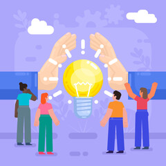 Intellectual property, idea protection concept. People stand near big hands covering idea light bulb. Modern vector illustration