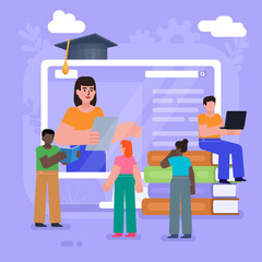 Online education, courses, library. Group of people stand near big screen with book. Modern vector illustration