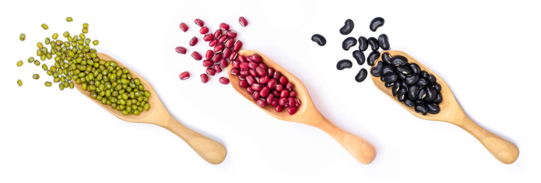 Set Of Mix Beans ( Green, Red And Black Bean ) In Wooden Spoon Isolated On White Background. Overhead View. Flat Lay.