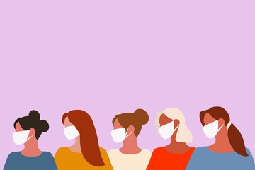 A group of women in a white medical face mask, coronavirus, covid-19. Season of the virus, and quarantine. Vector illustration, seamless pattern in modern flat style, isolated on light background.